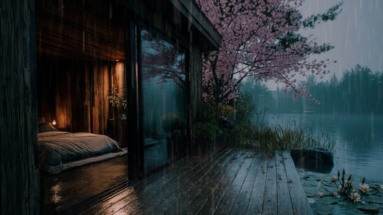 Nighttime Rain Sounds in a Lakeside Forest Cabin⛈️🌲 | Therapy for Deep Sleep & Correcting Insomnia