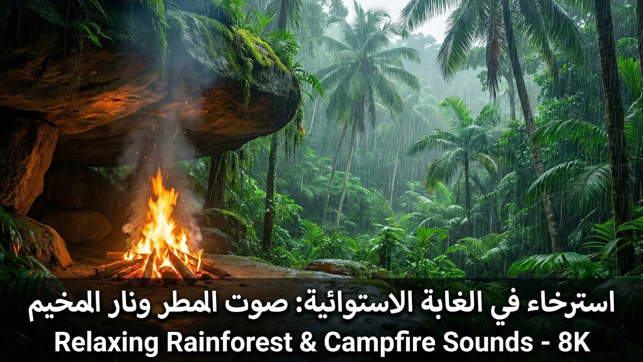 نار المخيم تحت المطر الغزير في الغابة الاستوائية | صوت المطر والنار للاسترخاء والنوم