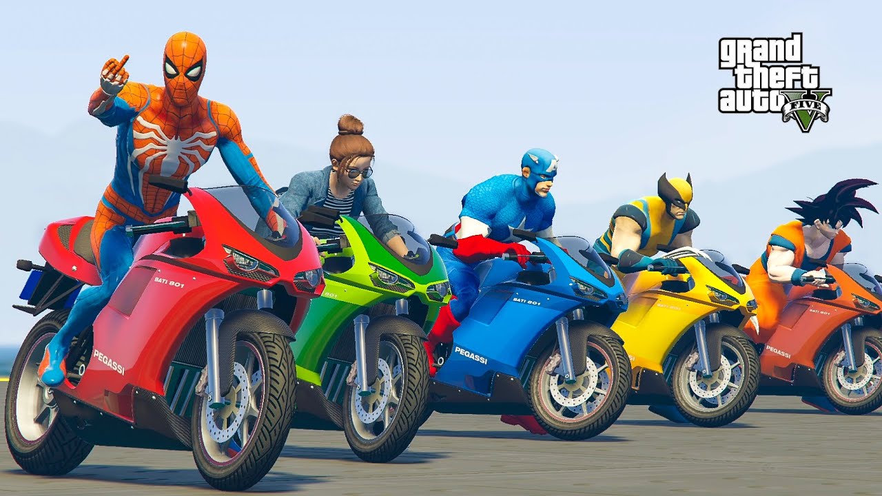الأبطال الخارقين على دراجة نارية على ج - Superheroes on a motorcycle ride on the bridge of spiderman