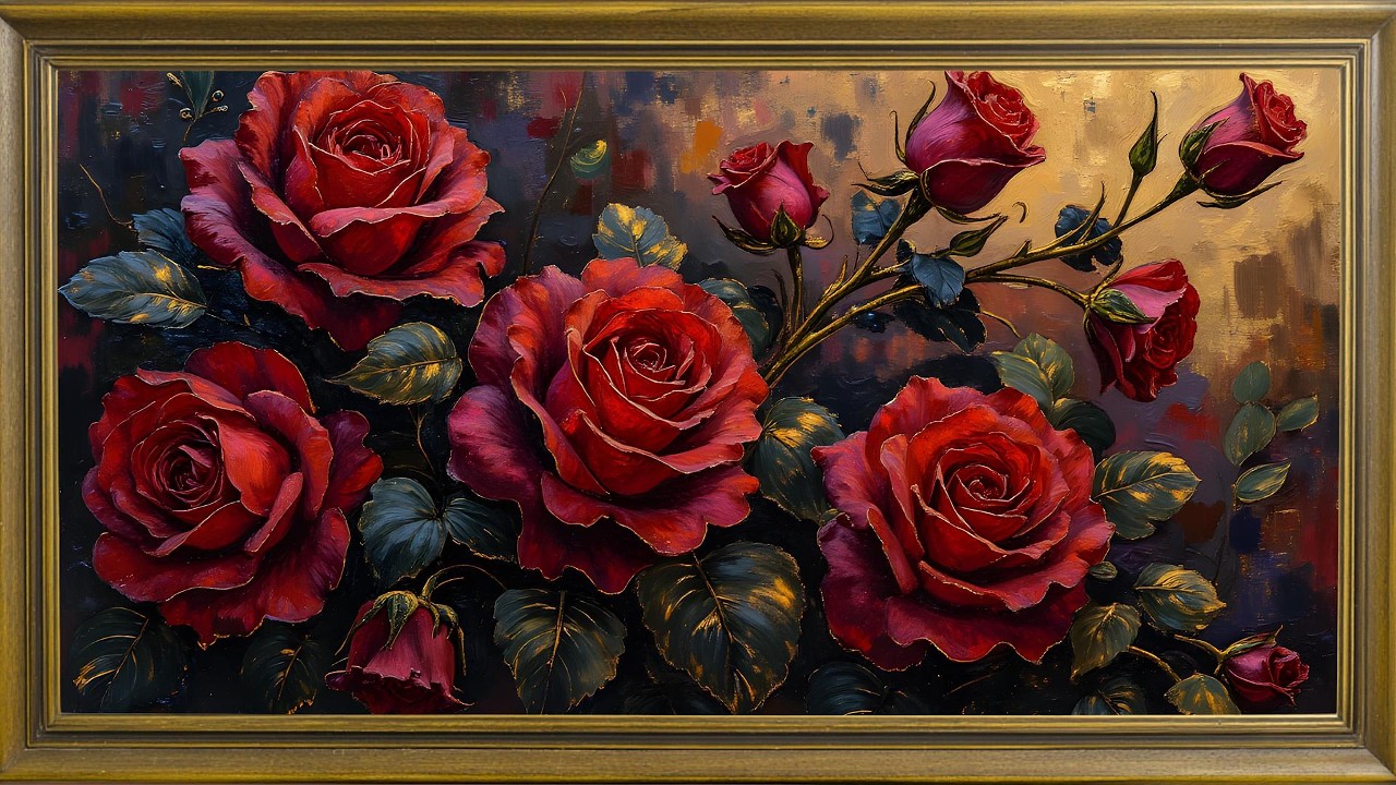 Vintage Roses on Antique Gold | Vintage Floral Oil Painting Framed TV Art