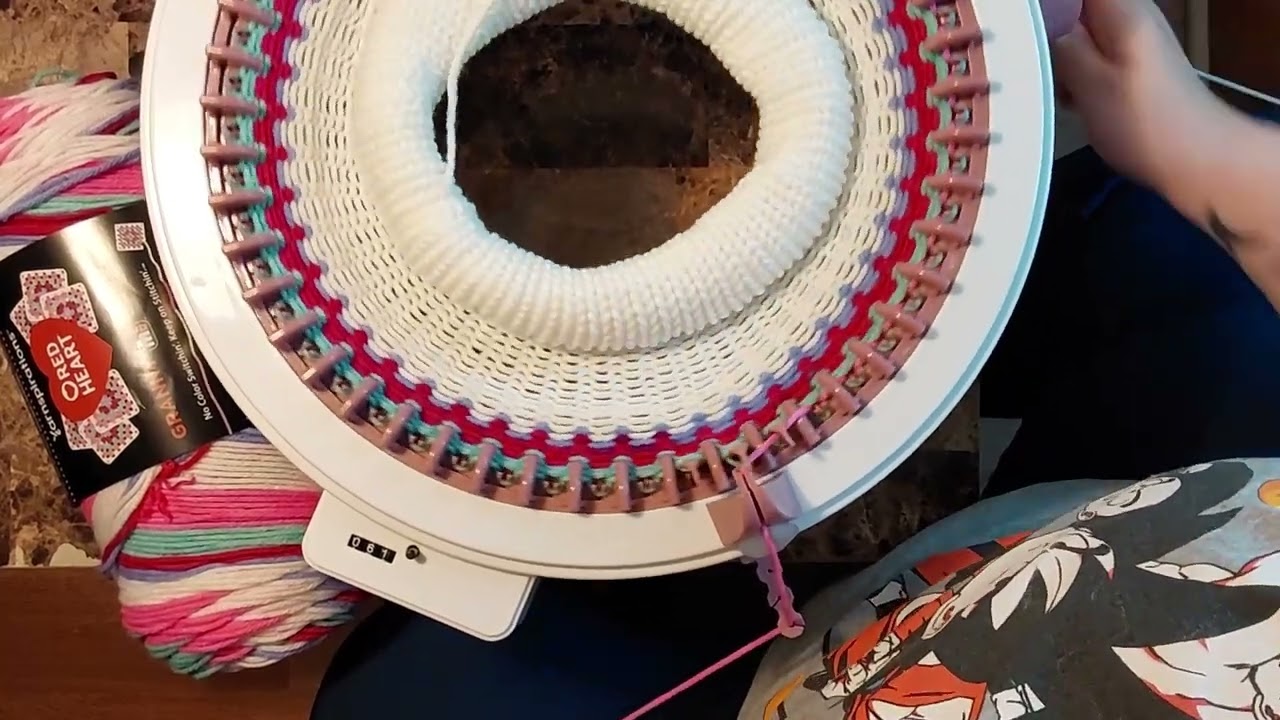Knitting A Hat on my Sentro 48 Pin Circular Knitting Machine using the Red Heart Granny Square Yarn