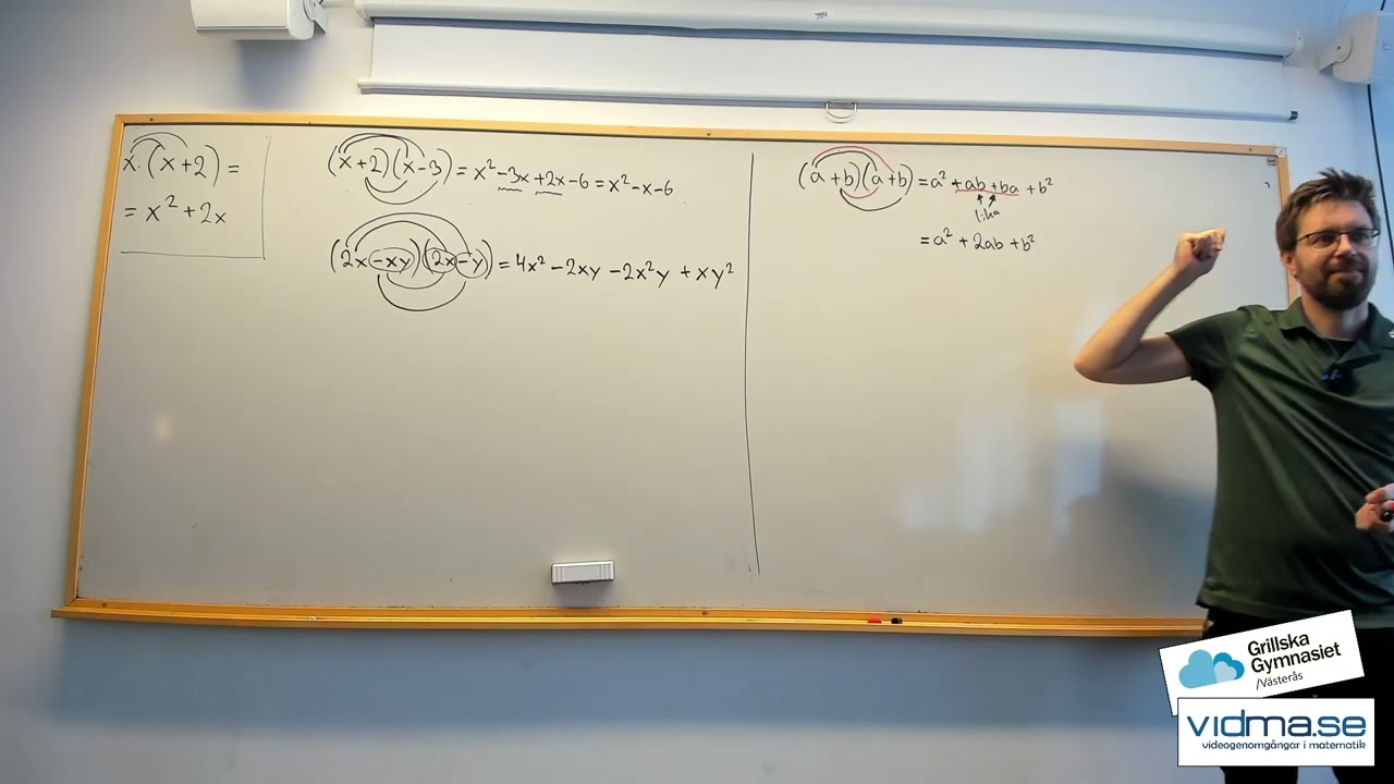 Matematik 2. Kvadreringsreglerna och konjugatregeln, samt parentesmultiplikation utan regler.