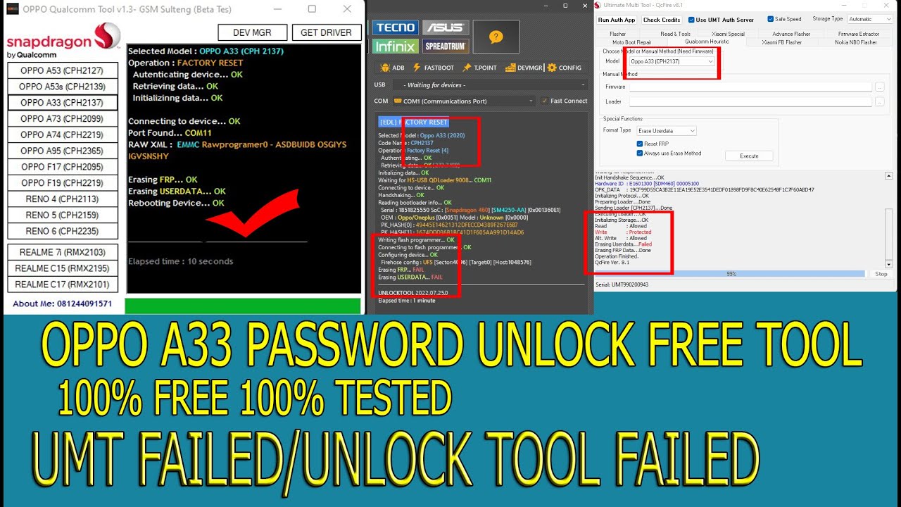 OPPO A33 (CPH2137) PASSWORD UNLOCK FREE TOOL UMT FAILED