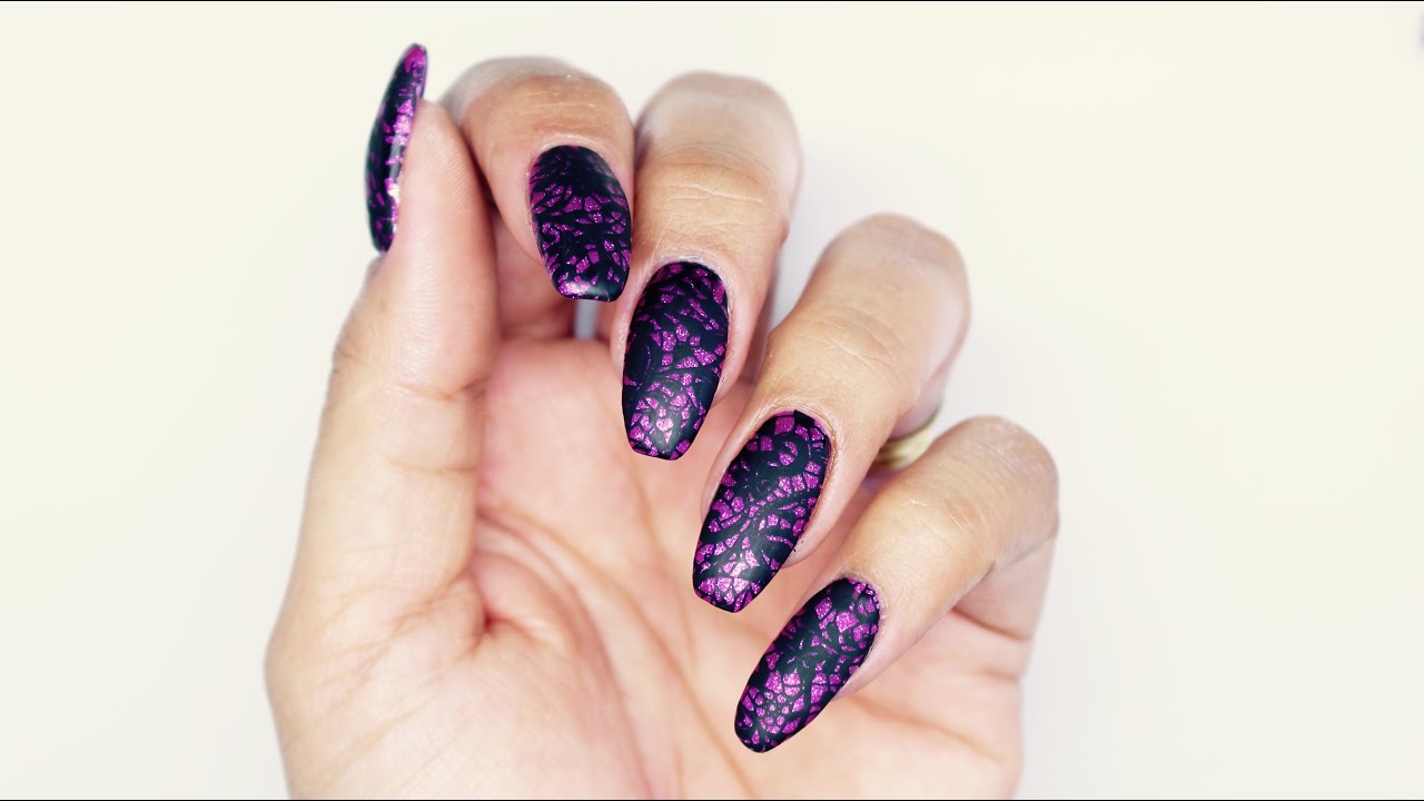 MATTE PINK & BLACK LACE STAMPING NAIL ART | INFINITY NAILS PLATE