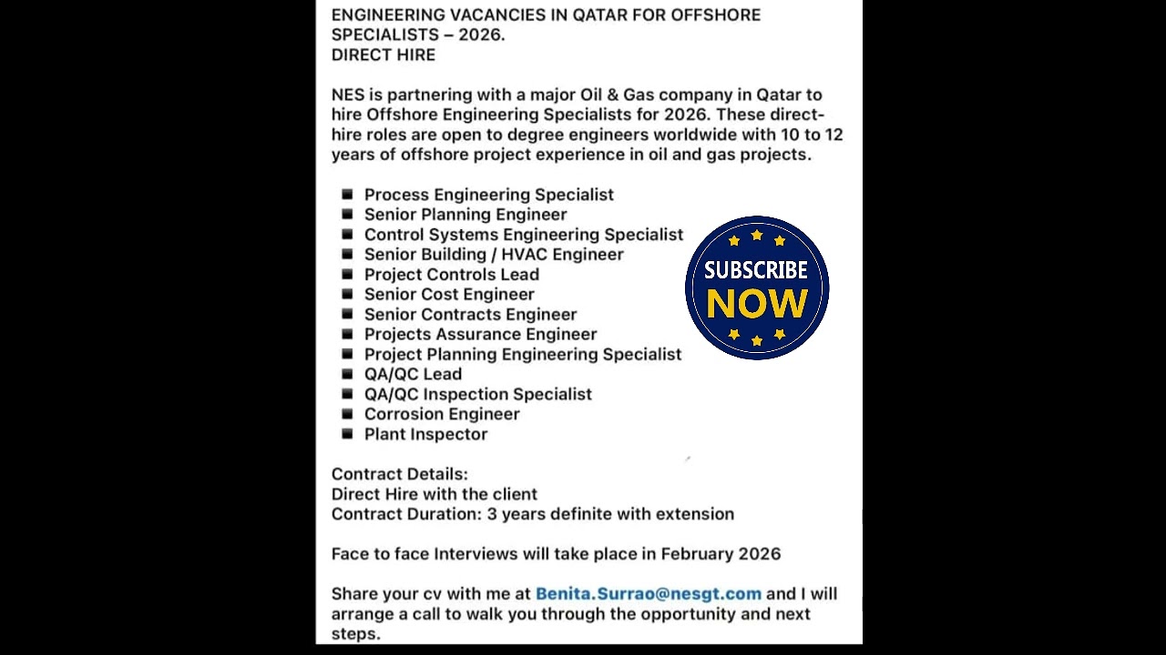 Qatar Hiring 2026 | Offshore Engineering Jobs | Oil & Gas Careers | 10&ndash;12 Years Experience Required!