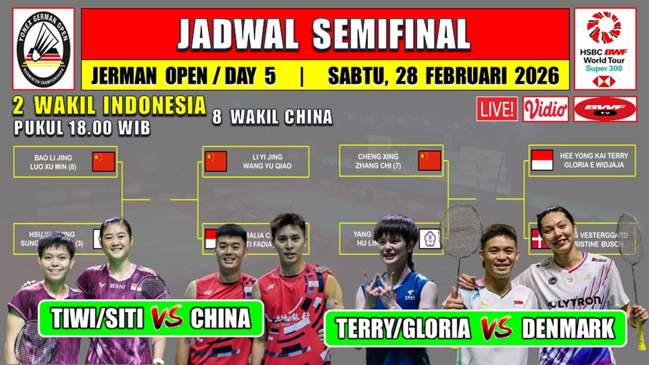 Jadwal Semifinal Jerman Open 2026 Hari Ini ~ TIWI/SITI FADIA vs CHINA ~ TERRY/GLORIA vs DENMARK