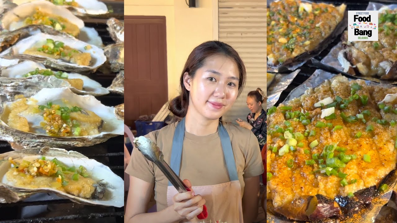 [Grilled Oyster, Eggplant] Tasty & Yummy food Served By Cute girlㅣLaosㅣStreet FoodㅣBeautiful Womenㅣ3