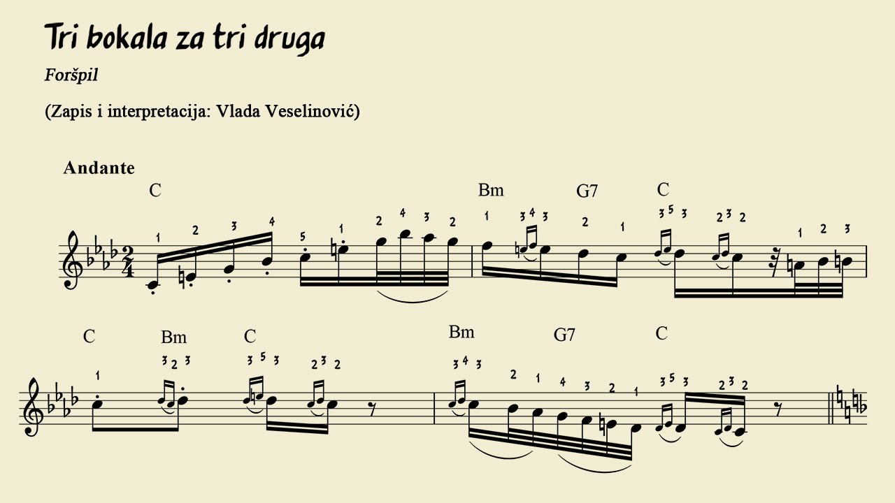 NOTE ZA HARMONIKU Tri bokala za tri druga (for&scaron;pil) - Notni zapis i interpretacija: V. Veselinović