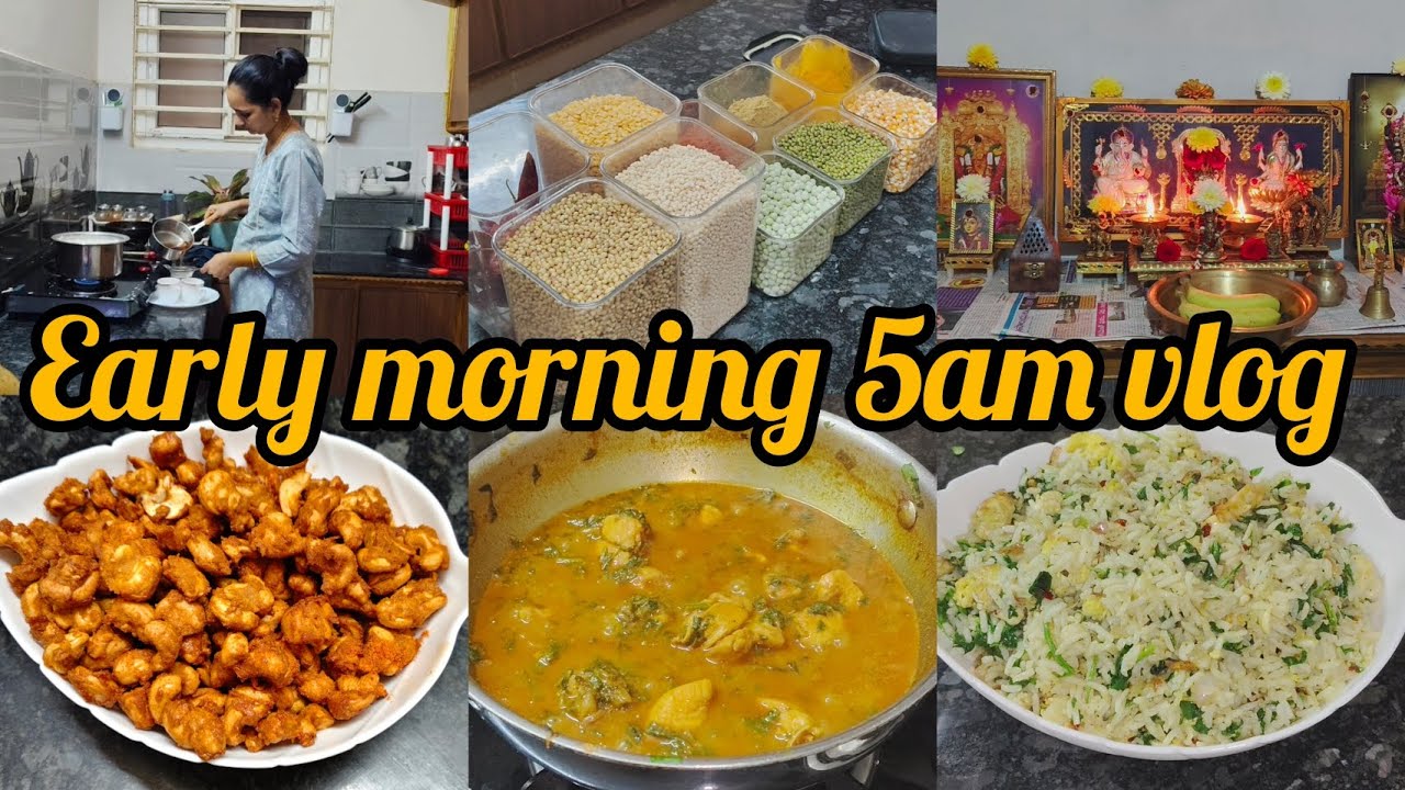 Early morning 5am vlog|lunch box preparation|pooja|grocerys organizing,kaju pakodi, palak fried rice