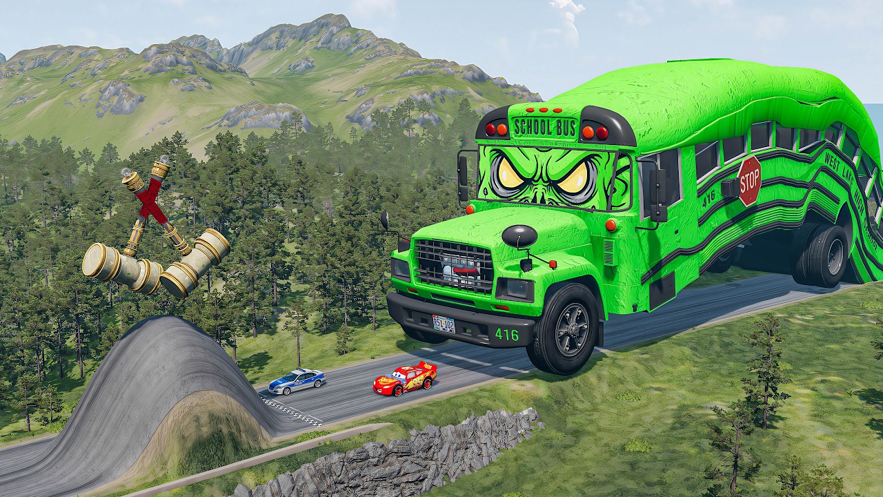 Giant BUS SCHOOL Eater VS Cars Lightning McQueen & Police Car & Hammer Downhill Race - Beamng.Drive