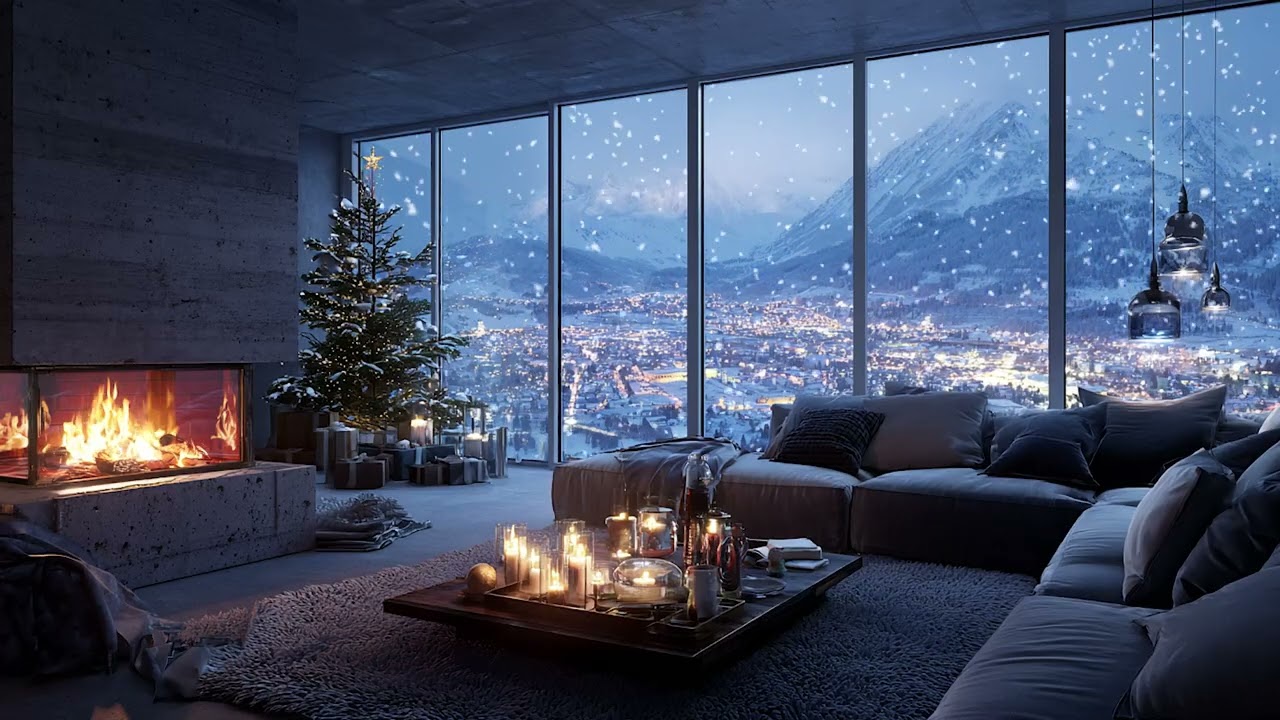 Snowy Winter Cabin Piano Retreat | Soft Storm Outside and Fireplace Warmth