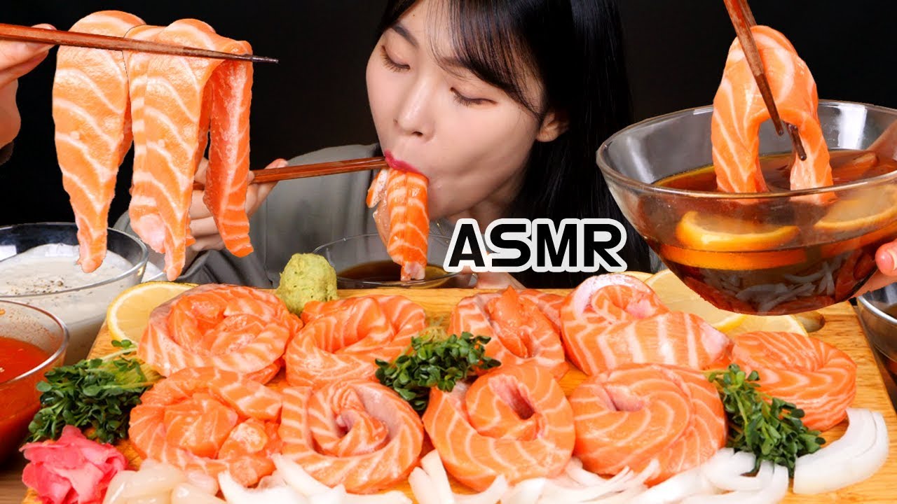 ASMR MUKBANG| 연어국수?? 간장소스, 연어소스, 초장소스에 찍어서 생연어 리얼사운드 먹방 RAW SALMON NOODLE サーモン Cá hồi ปลาแซลมอน