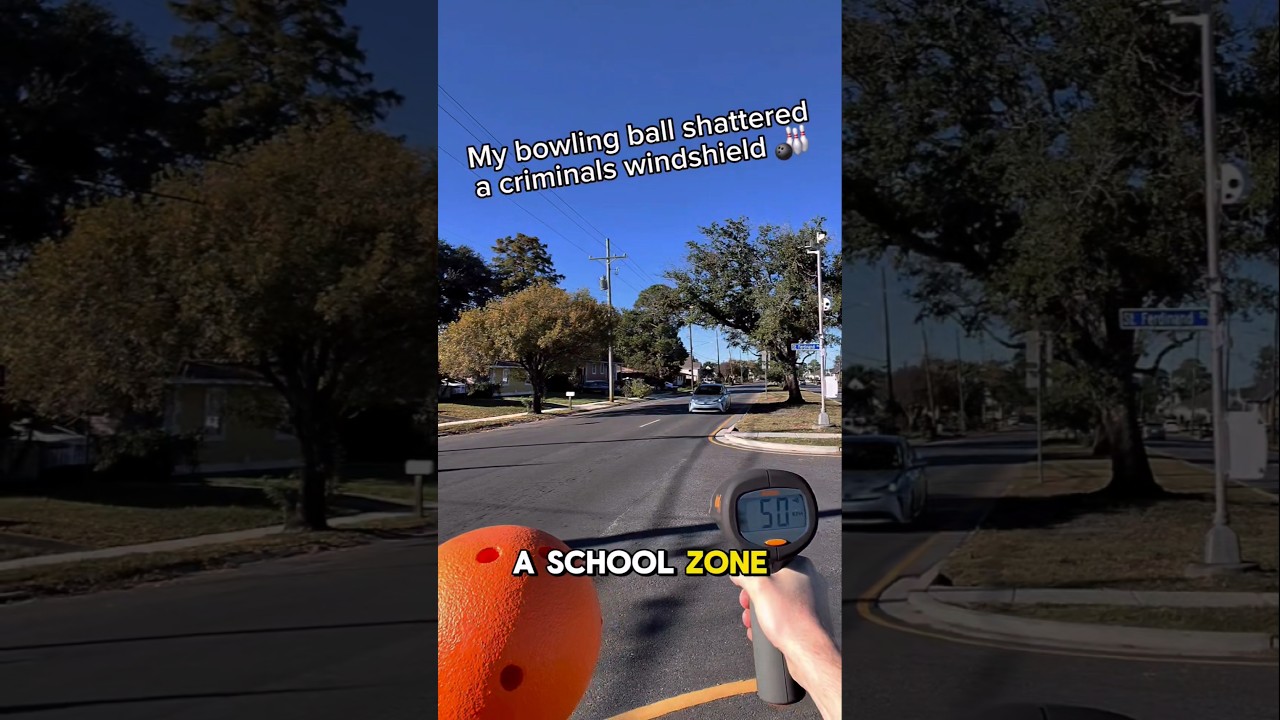 бросание шара для боулинга в мчащуюся машину на школьной территории