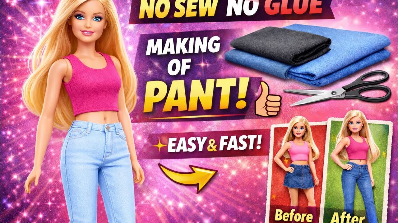 No Sew No Glue Barbie Pant Making | DIY Barbie Pants | No Sew No Glue Doll Clothes Tutorial