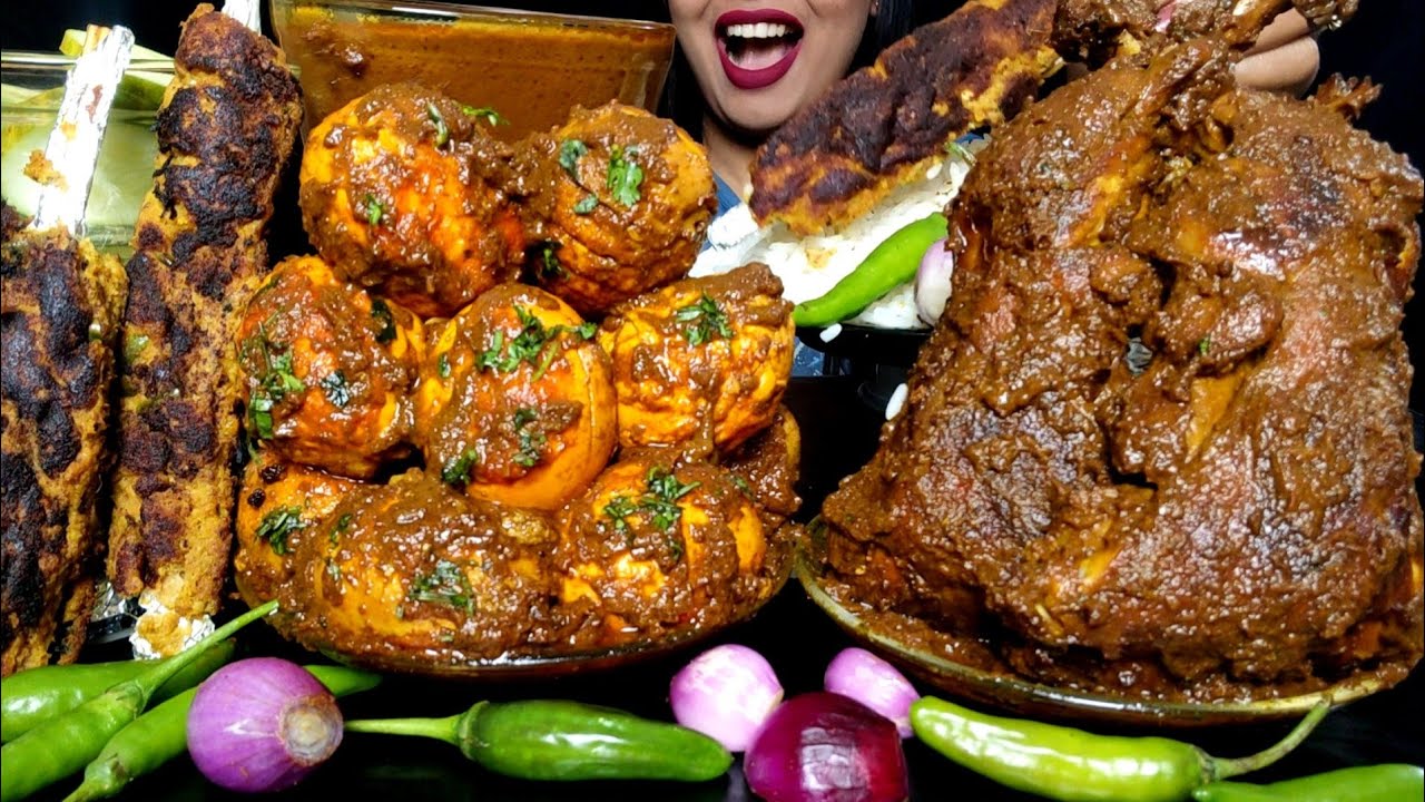 ASMR:HUGE QUALITY SPICY FOOD EATING|SPICY CHICKEN LEG MASALA,LOTS OF EGG ROAST,KABAB,RICE#hungrygirl