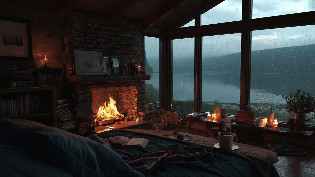 Rainy Mountain Lake Cabin 🌩️🔥 Fireplace & Light Thunder Sounds for Deep Sleep