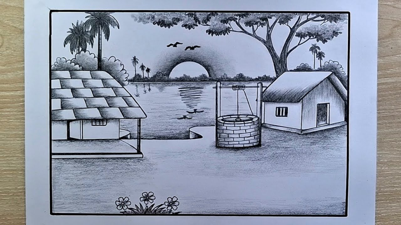 How to Draw Sunset Scenery with Pencil Sketch | Landscape drawing for pencil | mahmudaartsandcrafts