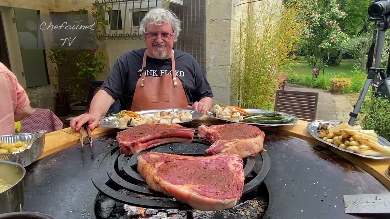 Cotes de Boeuf grillées au Brasero plancha, légumes printaniers
