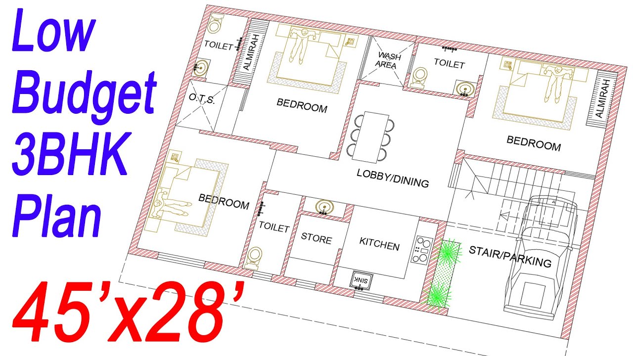 45X28 House Plan | Vastu | South Facing House Plans | 1260 Sqft House Plan | 140 Gaj | 3BHK Plan