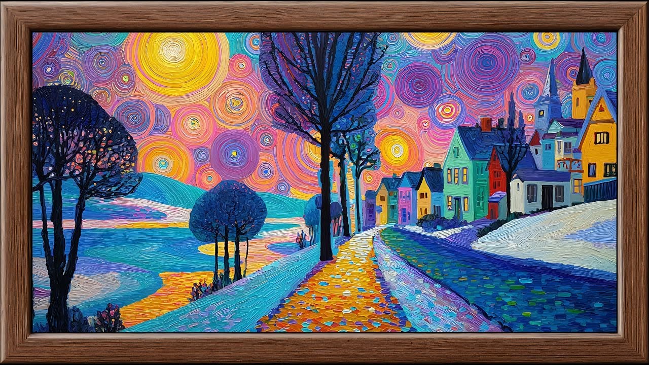 Klimt-Inspired Winter Village Screensaver | Vibrant Frame TV Art 4K