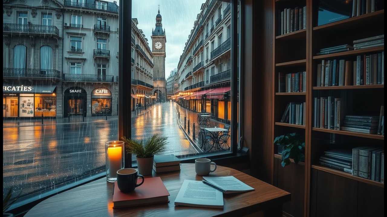 Rainy European Café Street View – Smooth Jazz Piano & Relaxing Coffee Shop Ambience