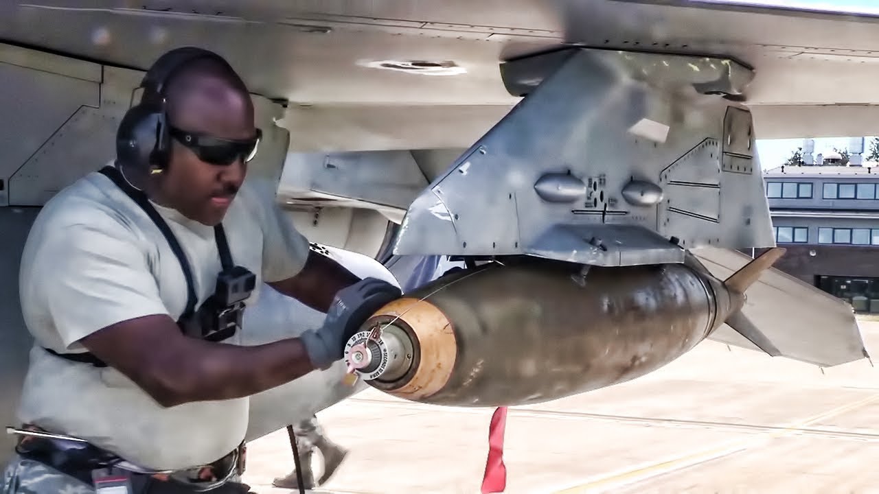 Ordnance Loading MK-82 500lb Bombs On F-16 Fighting Falcon