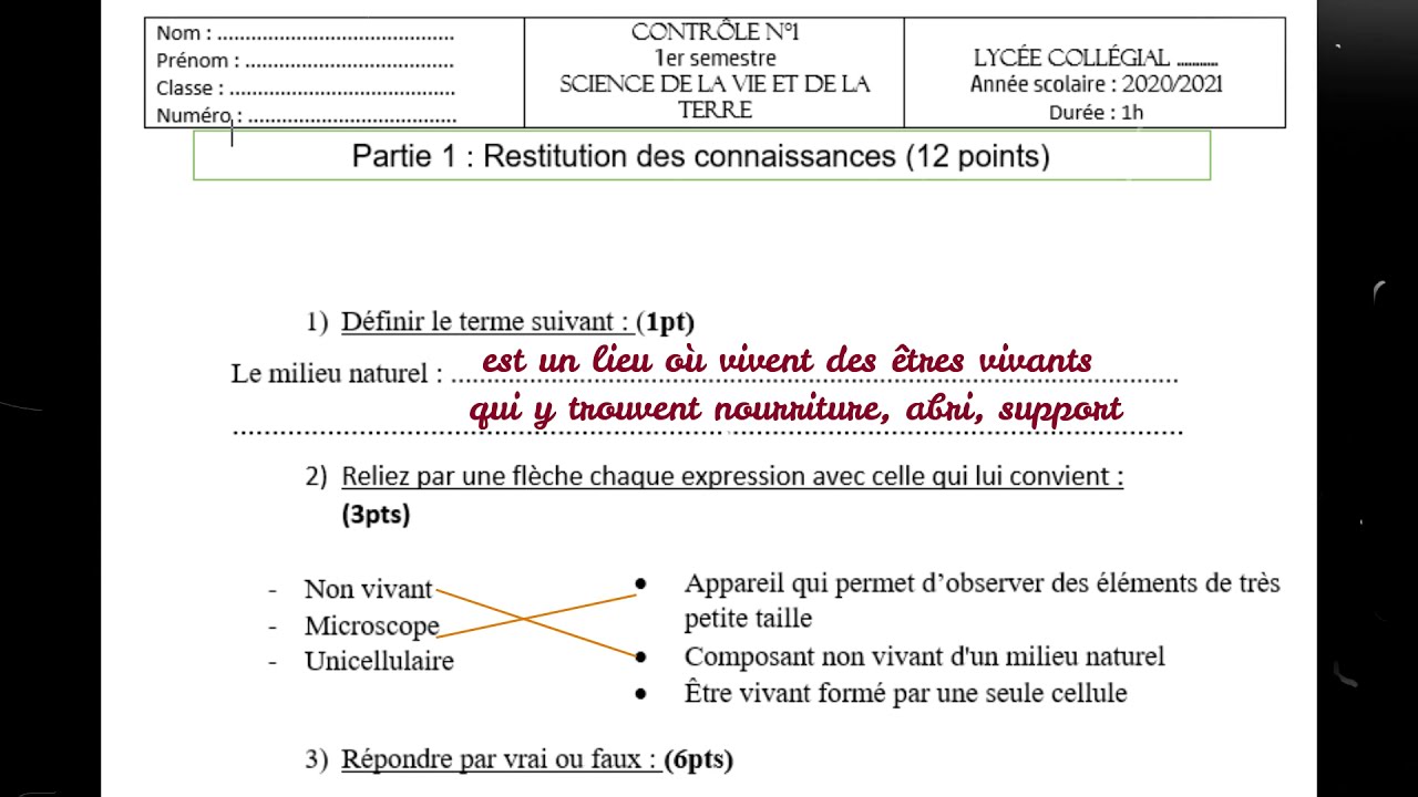 1AC- Contr&ocirc;le N&deg;1/ SVT Semestre 1 + Correction