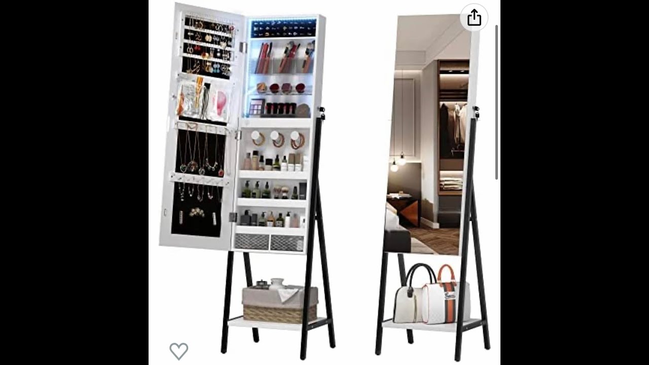 Freestanding Mirror with Jewelry Storage from Amazon|Jewelry Cabinet with 3 Colors LED Lights