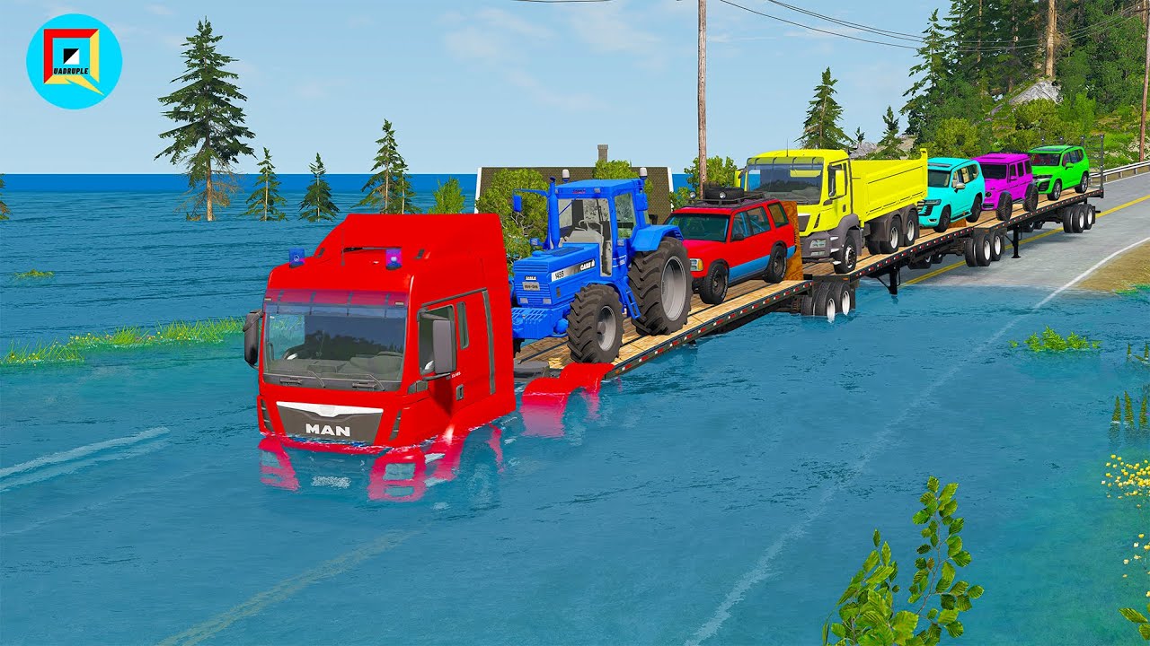 Triple Flatbed Trailer McQueen Transportation with Truck | Speedbumps vs Cars vs Train | BeamNG #03