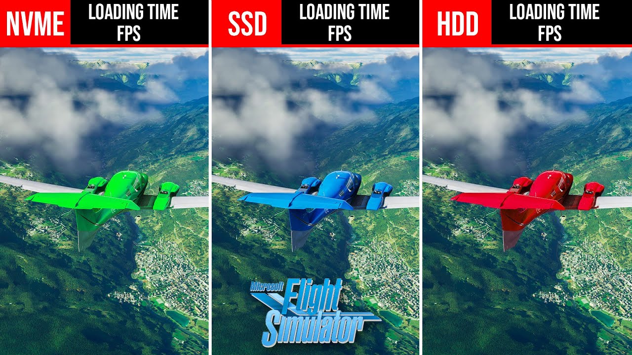 Microsoft Flight Simulator M.2 NVMe vs SATA SSD vs HDD Game Loading Time and FPS Benchmarks