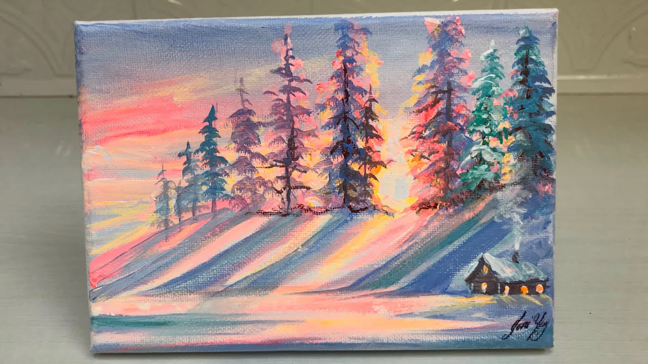 How To Paint A Winter Sunset & Cabin | ACRYLIC PAINTING TUTORIAL | EASY! Step by step 🎨