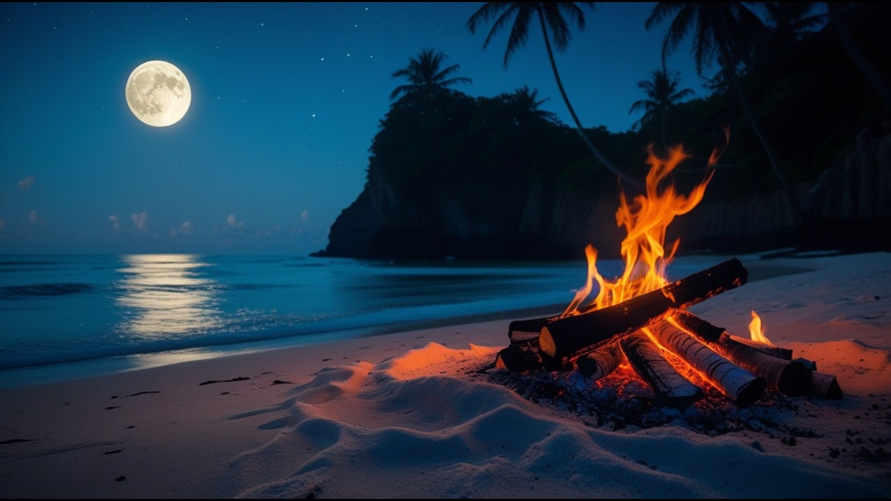 🔥Sleep Instantly by the Sea – Full Moon Glow & Relaxing Campfire Sounds.