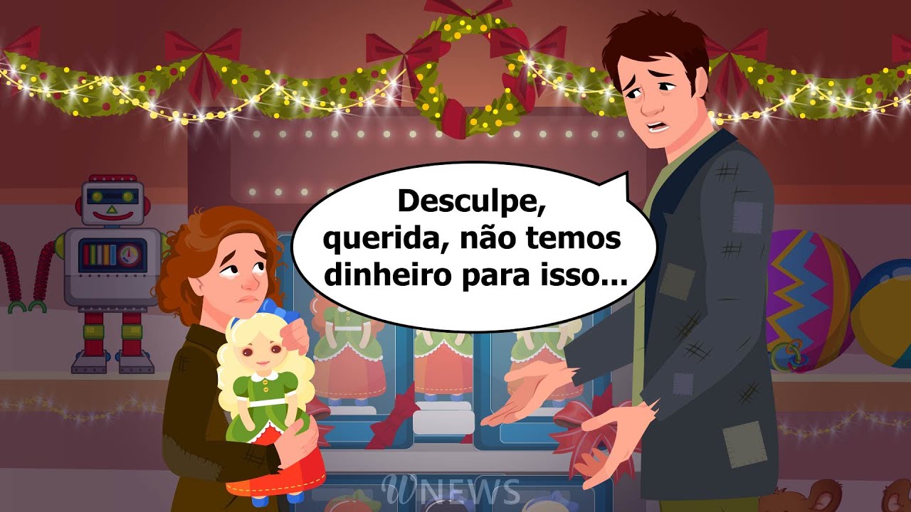 O caixeiro pegou o brinquedo que o menino acabara de comprar e o escondeu embaixo do balcão