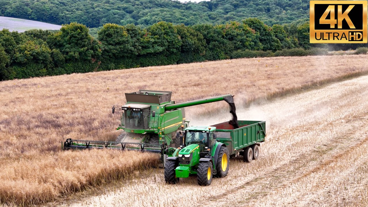 4K GIANT JOHN DEERE Combine Harvesting Rapeseed Tractor South Yorkshire Rotherham Agriculture