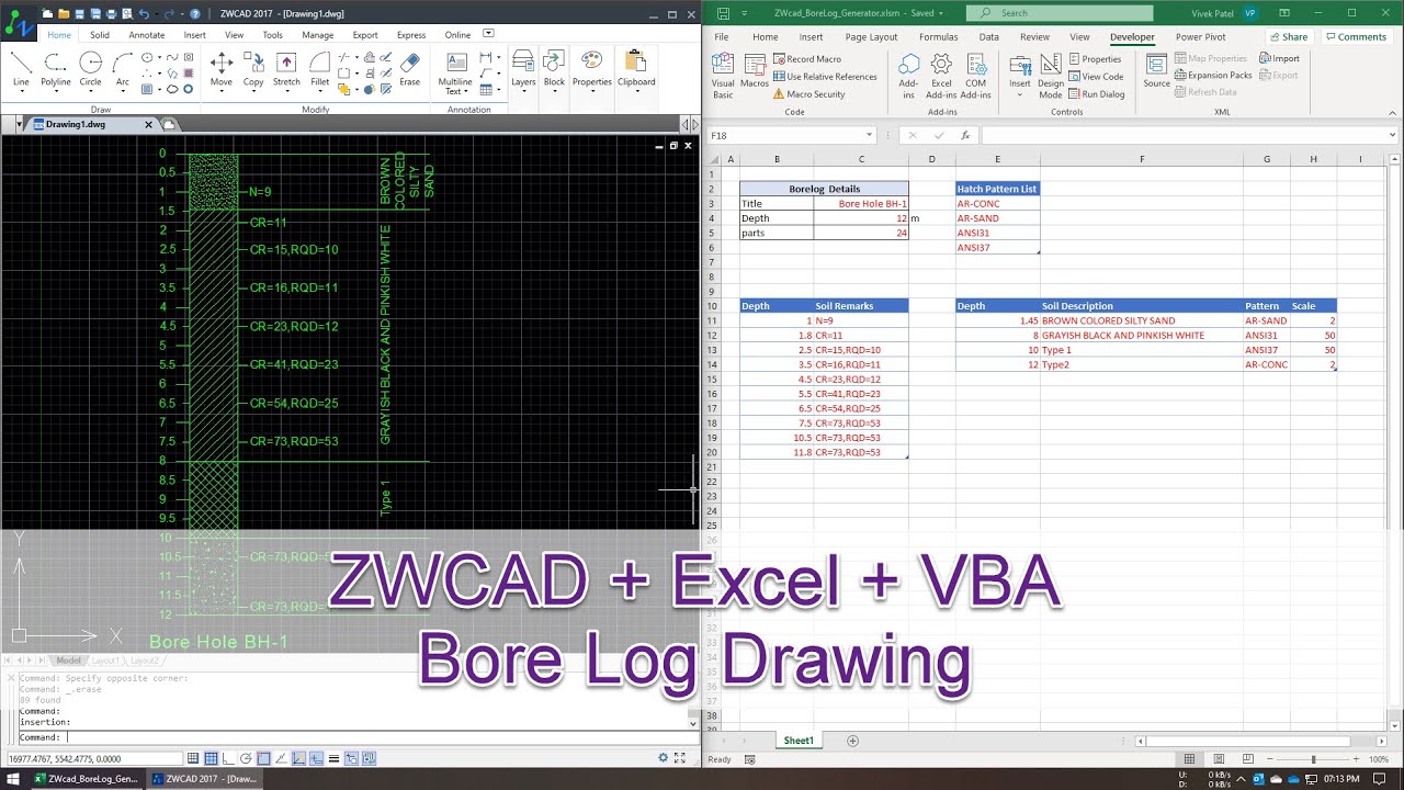 ZWCAD Bore Log Drawing Generator using Excel VBA Macro