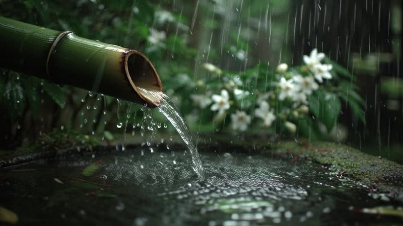 Healing Music Sleeping - Rain on Bamboo Water Fountain For Rest, Deep Sleep,Stress Relief & Insomnia