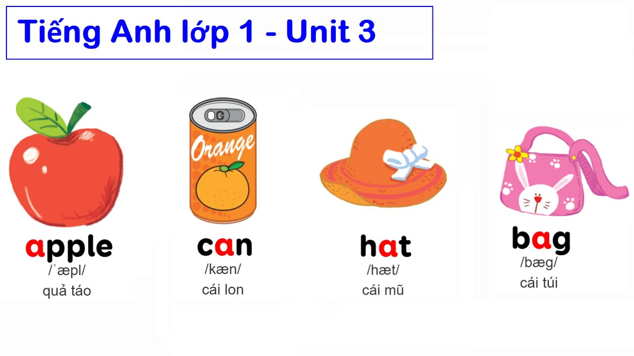 Tiếng Anh lớp 1 - Unit 3: Apple - Bag - Can - Hat