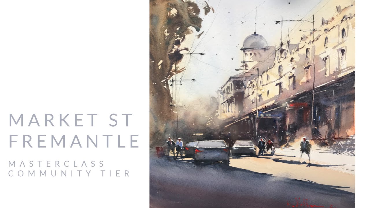 Watercolor Urban Cityscape Market Street Fremantle Western Australia Full Demo on Patreon