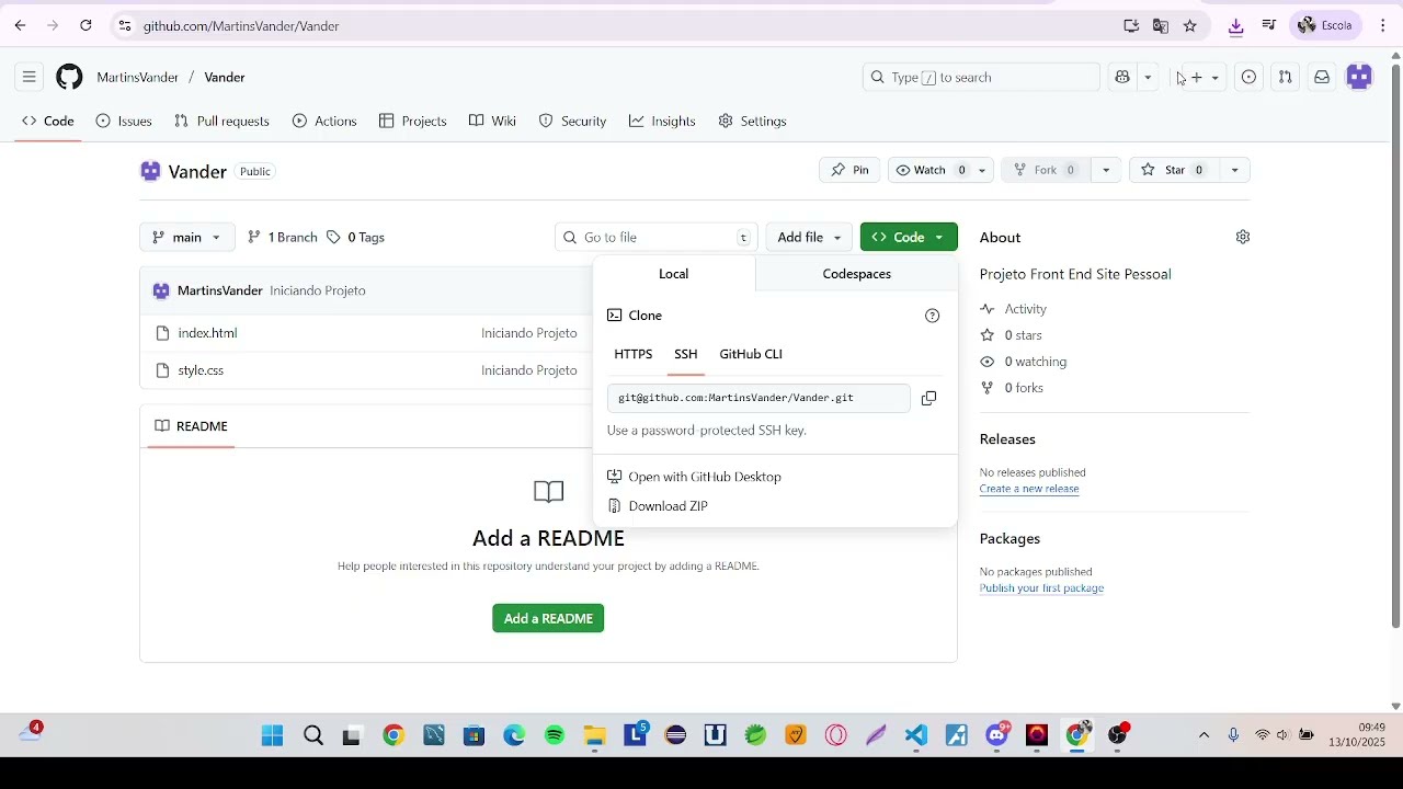Iniciando Projeto Front End no VS Code (Salvando no  Git Hub)