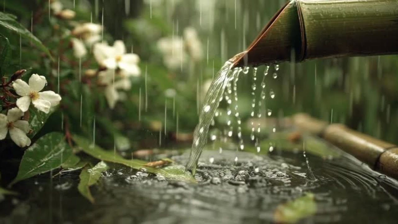 ASMR Rain Sounds in Bamboo Fountain for Sleeping and relaxing