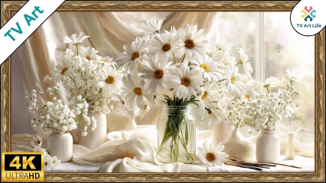 White Daisies Still Life | Vintage Flower Art | Gold Frame TV Art | Floral Background | 2Hrs 4K