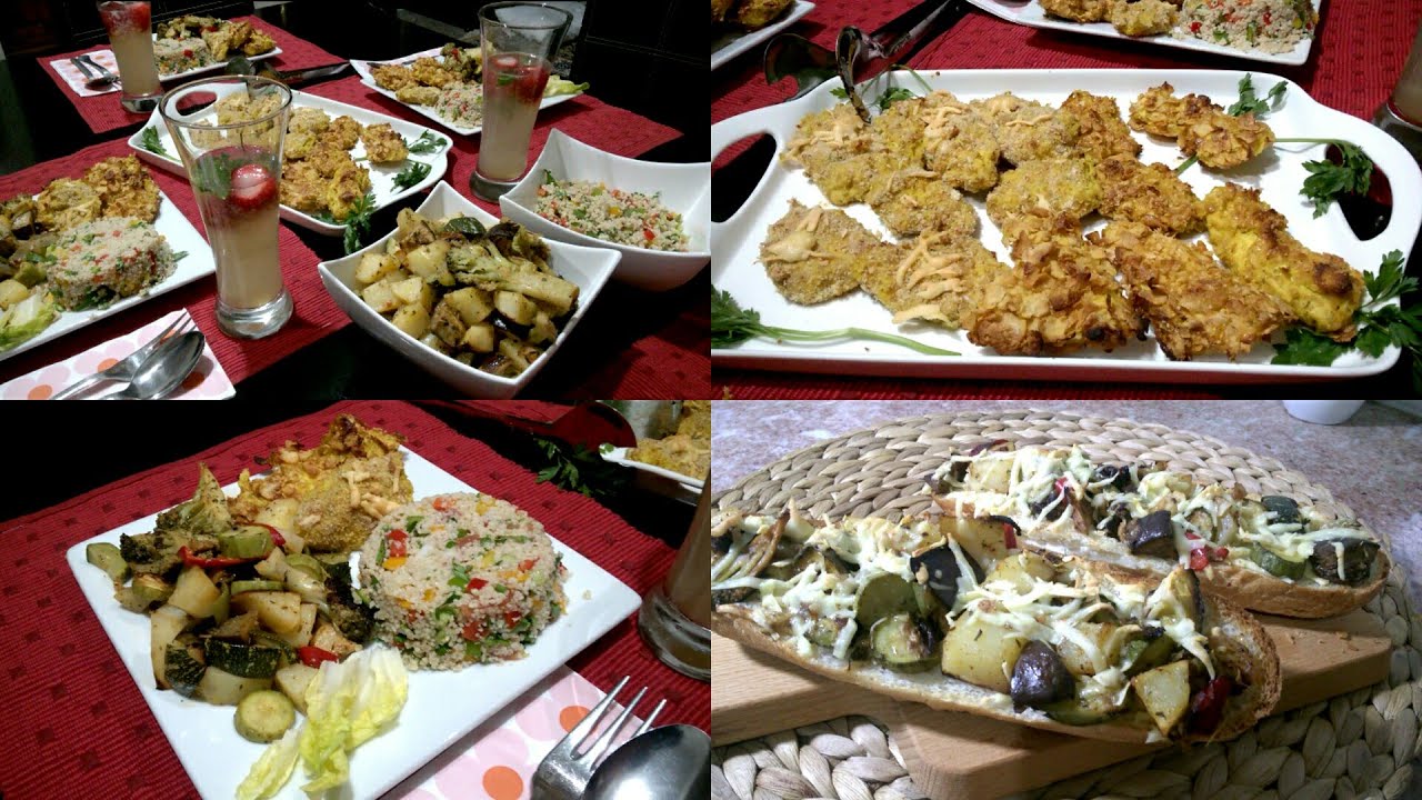 مائدة صيفية خفيفة بشهيوات لذاذ وشهوة منهم 👍 دجاج كنتاكي في الفرن وخضر مشوية  وسلطة التبولة
