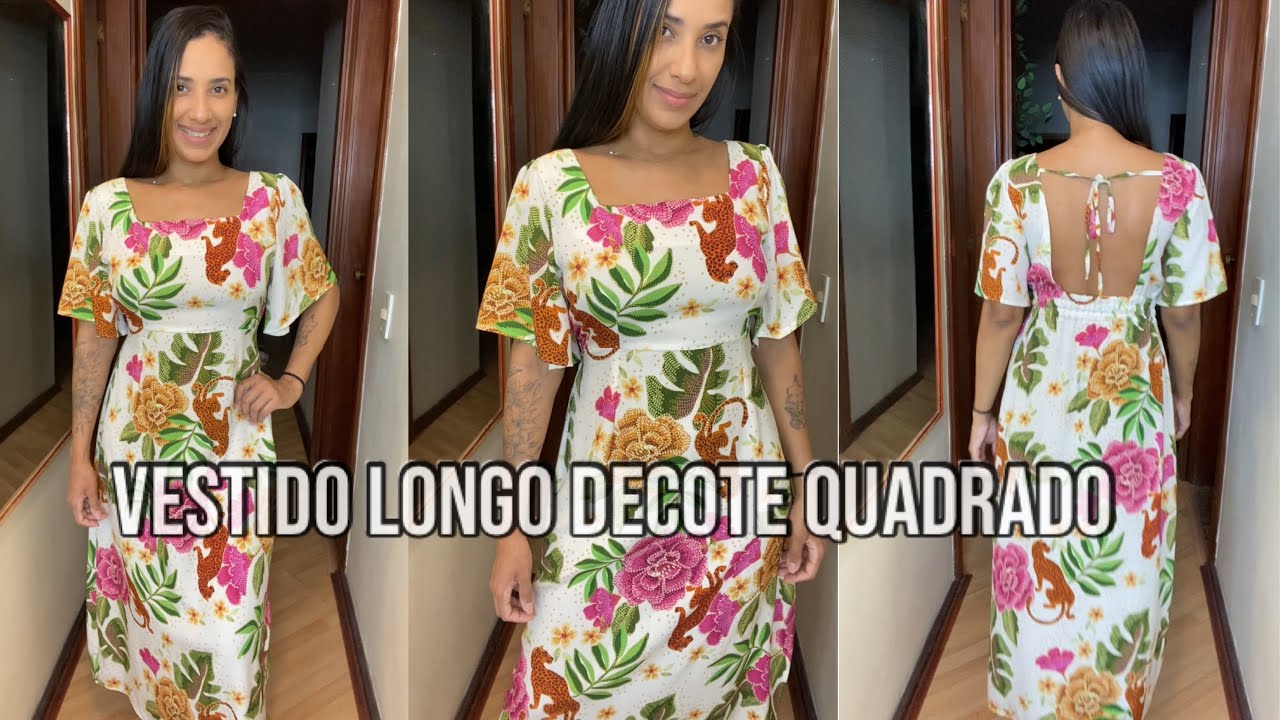 Vestido longo decote quadrado, manga evasê. Costura fácil!