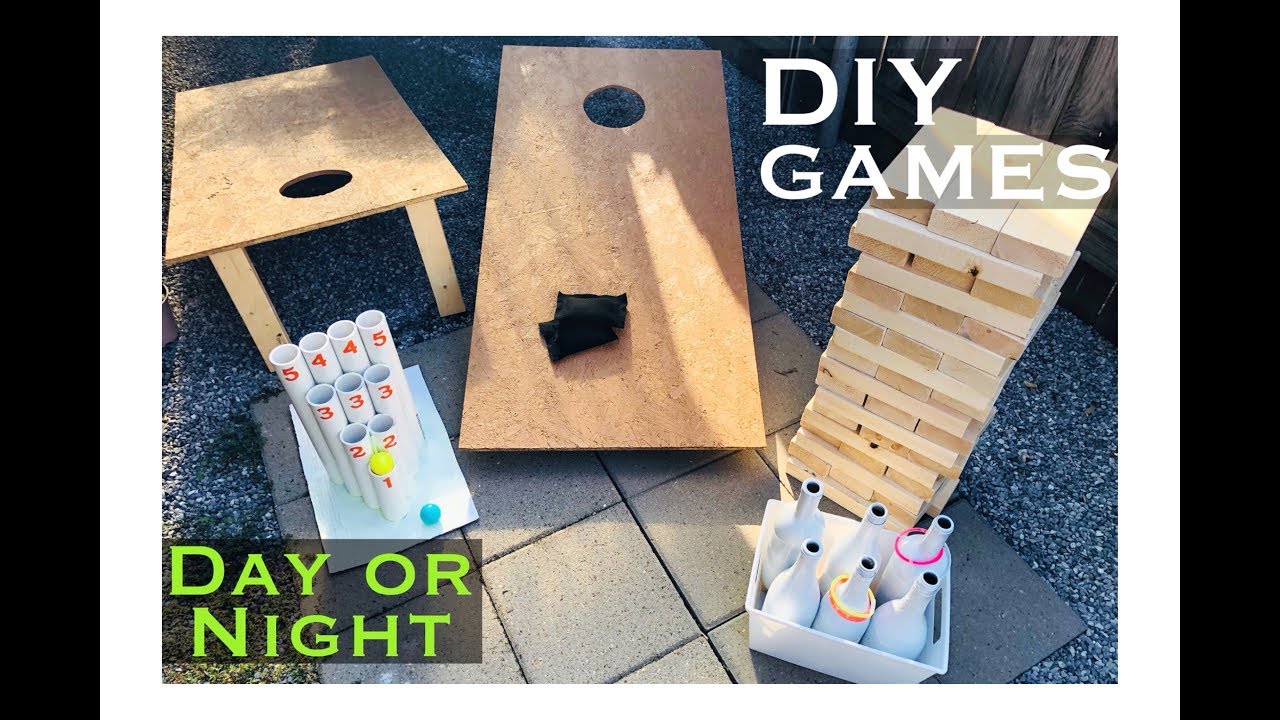 4 DIY LAWN GAMES *Cornhole, Jenga, Chutes & Bottle Toss*