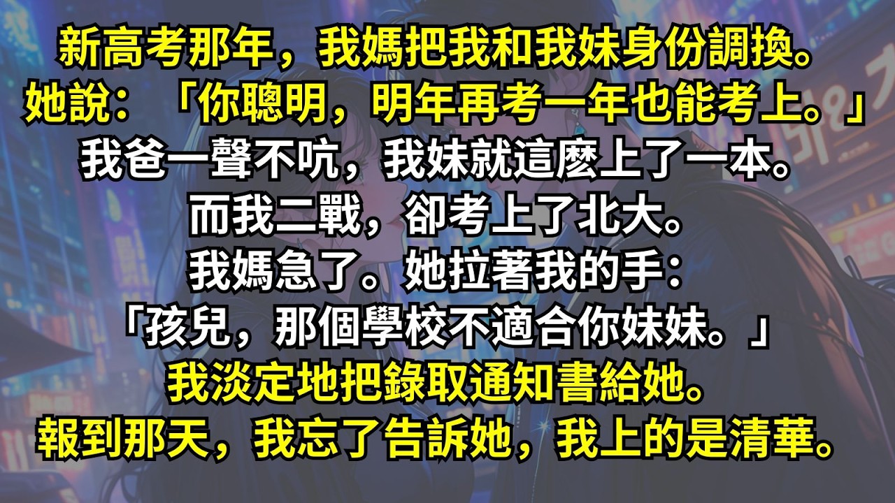 我媽把我和我妹身份調換：「你聰明再考一年也能考上。」我妹就這麽上了一本。而我二戰卻考上了北大。我媽急了：「孩兒，那個學校不適合你妹妹。」我淡定地把錄取通知書給她。報到那天，我忘了告訴她，我上的是清華。