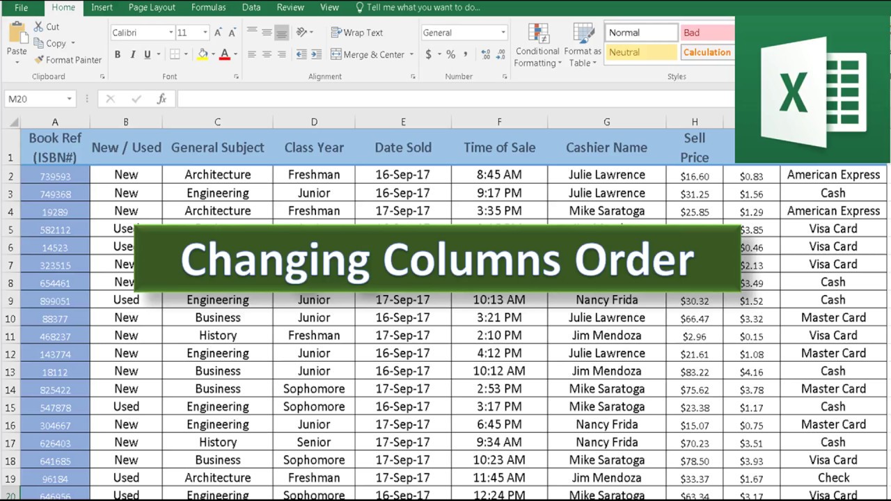 Rearranging columns order in Excel 2016