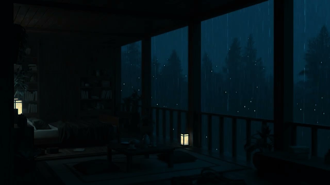 Warm Zen Cabin in Night Rain 🌧️ | Firefly Forest View & Deep Sleep Ambience