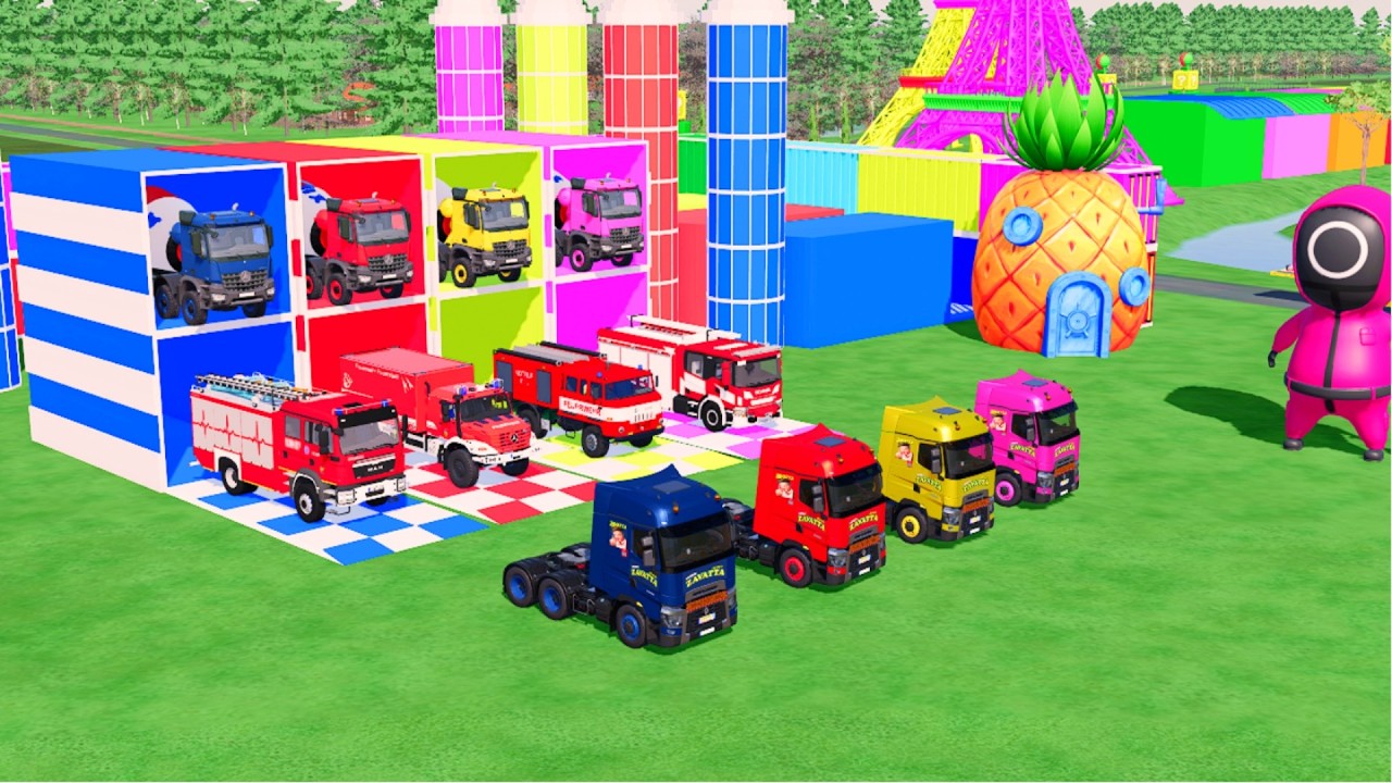 TRANSPORTING ALL THE COLORFUL MIXER TRUCKS,FIREFIGTERS, WITH RENAULT TRUCKS TO THE GARAGE