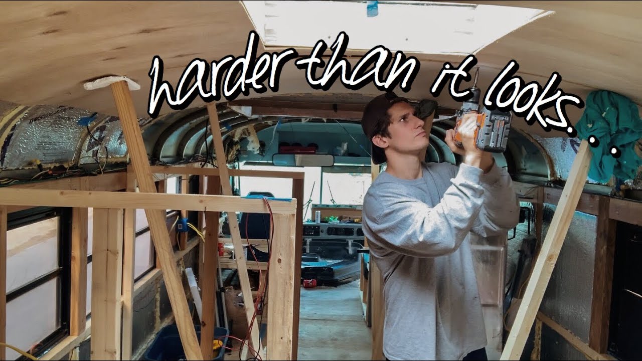 Birch Plywood Ceilings in our School Bus Conversion | diy skoolie | air-stream remodel design