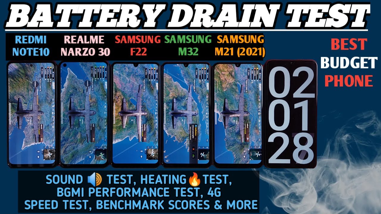 Samsung M21 2021 battery test vs Realme Narzo 30 battery drain test vs Samsung M32 battery test